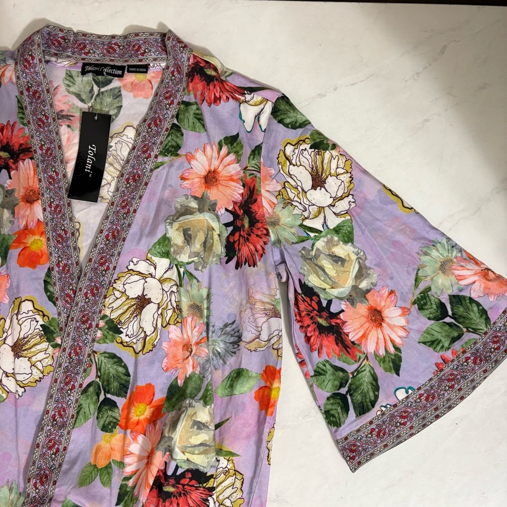 NEW Tolani Size Small Karma Purple Floral Open Front Kimono Hippie Boho Artsy - Picture 3 of 7